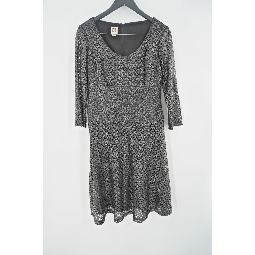 Anne Klein Black & Silver Metallic Lace Overlay Fit & Flare Cocktail Dress Sz 6